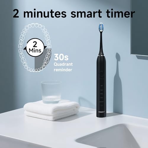 PERECT Sonic Electric Toothbrush for Adults, 6 Brush Heads, 5 Modes Electric Toothbrush, Travel Rechargeable Power Toothbrush with Smart Timer & Soft Picks, IPX7 Waterproof, Black
