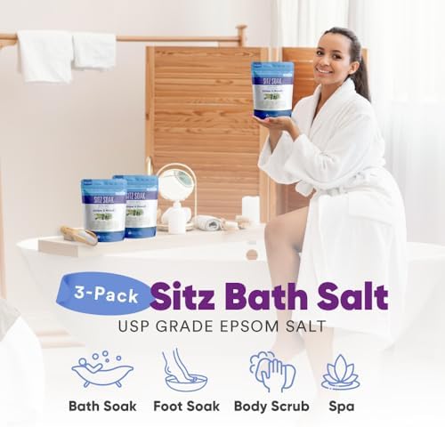 Sitz Bath Salt (3 Pack with Bamboo Scoop) Hemorrhoid Soothing Sitz Soak USP Grade Epsom Salt 3 Pouches 6 Lbs Total with Pure Essential Oils in BPA Free Pouch with Easy Press Seal Made in USA
