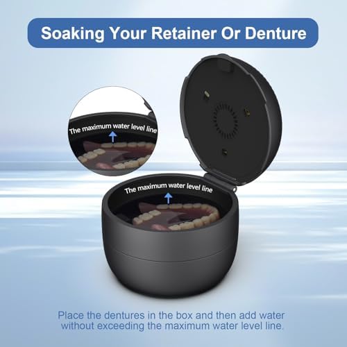 Denture Case Retainer Case,Multipurpose Retainer Cleaning and Store Case with Light & Fan Functions,All-in-one Denture Bath Box Cup for Soaking and Storing Full & Partial Dentures