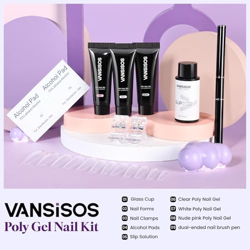 Poly Gel Nail Kit: Clear White Nude Pink Polygel Kit with Slip Solution Dual-Ended Nail Brush Nail Forms Nail Clips for Poly Gel Extension Starter DIY Set Home