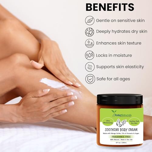 RaGaNaturals Natural Moisturizing Cream - Body & Face Moisturizer for Dry to Very Dry, Sensitive Skin - Unscented Body Cream with Vitamin E & Avocado, Argan Oil - Non-Comedogenic, Fragrance Free -8 Oz