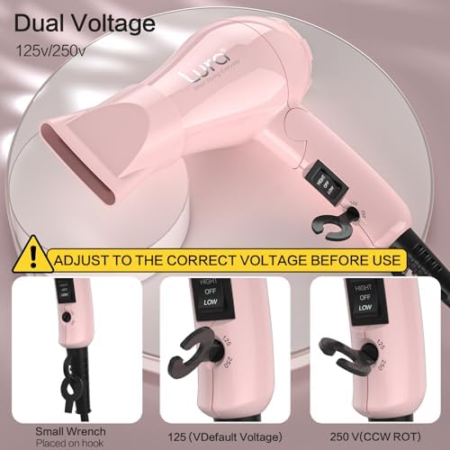 Foldable Travel Hair Dreyr Mini:Dual Voltage Lightweight Blow Dryer with Pouch,1200w Compact Pink Small Hair Dryer for Acrylic Paint Pouring(Light Pink)
