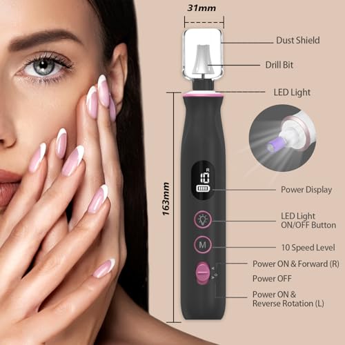 Cordless Electric Nail File Set, 10 Speeds Professional Manicure Pedicure Kit with LED Light, Portable Nail Drill for Natural & Acrylic Nails, Human & Pet Thick Toenails, w 120*Sanding Bands (Black)