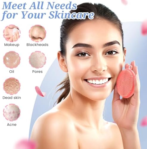 Silicone Face/Body/Back Scrubber Set, 15.35’’ Soft Back Scrubber for Shower with Dual-Side Brush Head, Silicone Body Scrubber Facial Scrubber with Dense Bristles and Non-Slip Handle(Pink-3PCS)