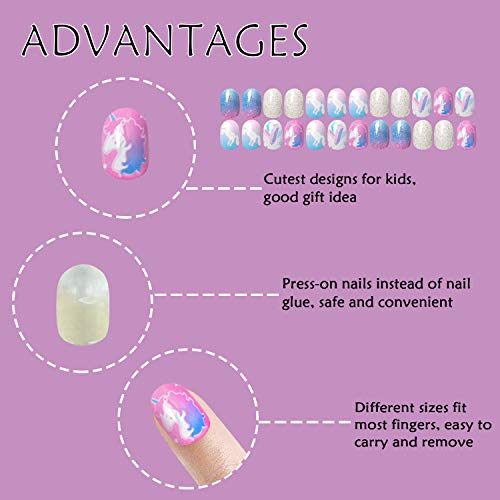 Laza 120pcs Children Nails Press On Pre-glue Full Cover Nail Tips Kit Glitter Gradient Color Rainbow Short Artificial False Nail Kits Lovely Christmas Gift for Children Kids Girls - Silver Pearl