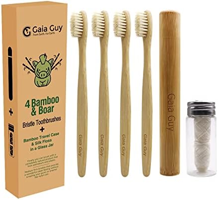 Gaia Guy Bamboo and Boar Bristle Toothbrush (4 Pack) + Travel Case & Silk Dental Floss | 100% Compostable Bristles and Floss | Eco-Friendly Dental Set | Biodegradable & Compostable Wooden Toothbrushes