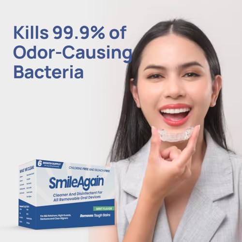 SmileAgain Retainer Cleaner - 180-220 Cleanings 22 Pack/6 Month Supply - for Clear Aligners, Dentures, Mouth Guards & Night Guards - Our Oral Appliance Cleaner & Denture Care Powder - Mint Flavored