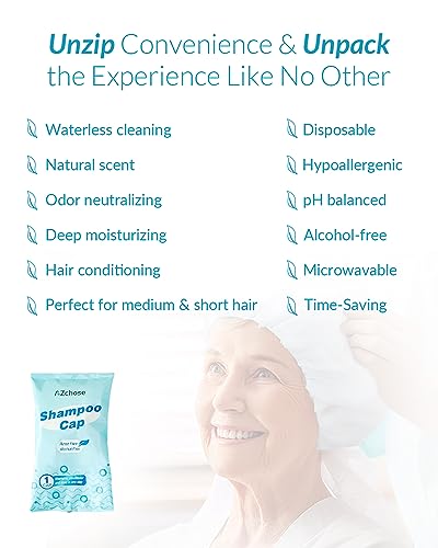 No Water Rinse Free Shampoo Caps for Camping & Home Care, Dry Hair Washing Caps for Adult & Elderly, Waterless Shampoo Shower Caps for Bedridden Patients, Microwaveable & Alcohol-Free, 5 Pack