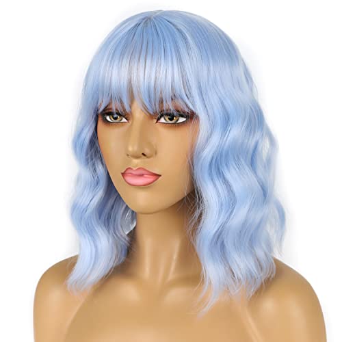 Light blue Short Bob Wigs with Bangs for Women Loose Wavy Hair Shoulder Length Wigs Synthetic Colorful Wigs for Cosplay Daily PartyUse(Light blue，12inch)