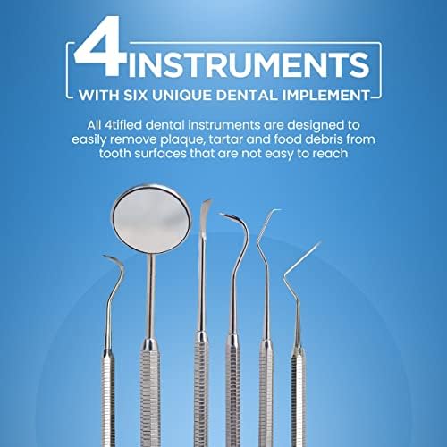 4tified Dental Tools Hygiene Kit 4 PCS French Stainless Steel Professional Teeth Cleaning Home Use Plaque Calculus Removal Tartar Scraper Scaler Fogless Mirror Dental Pick Vegan Leather case