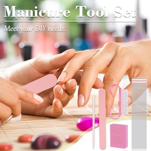 Disposable Manicure kit Press On Nail Tool Kit for Salon Home, Mini Nail Buffer, Nail File, Wood Stick, Nail Brush (Pink, 50 Set)