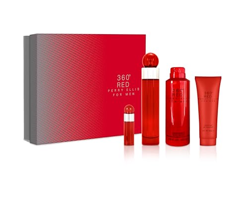Perry Ellis 360 Red 3.4oz EDT Spray, 6oz Body Spray, 3oz Shower Gel, 7.5ml EDT Spray Men 4 Pc Gift Set