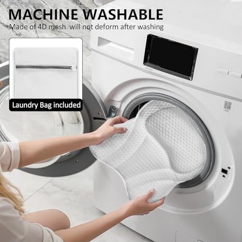 Bath Pillow for Bathtub, 4-Inch Thick Ergonomic Head Neck Support, 6 Strong Suction Cups, Breathable 4D Air Mesh – Machine Washable, Quick Dry, Luxury Spa Accessories (White, 17.3” x 16.7”)