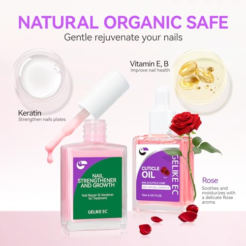 Gelike EC Colorful Nail Growth Kit: Pink Nail Hardener & Rose Nail Growth Oil Set - Strengthen Brittle Nails with Floral Scent - Natural Acrylic Formula - Gift for Women Brides