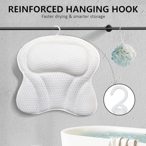 Bath Pillow for Bathtub, 4-Inch Thick Ergonomic Head Neck Support, 6 Strong Suction Cups, Breathable 4D Air Mesh – Machine Washable, Quick Dry, Luxury Spa Accessories (White, 17.3” x 16.7”)