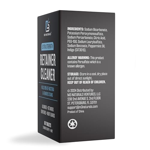 Retainer Cleanser Tablets Cleaner, Removes Odors Discoloration Stains and Plaque 2 Month Supply Denture Cleansers Retainers Mouth Guards Denture Bath Mint by M3 Naturals