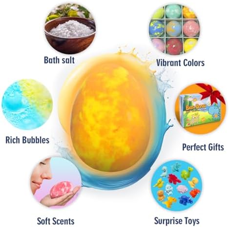 Bath Bombs for Kids with Surprise Toys Inside, 12 Pack Natural Dino Egg Bath Bombs with Dinosaur Suction Cup Toys, Bubble Bath Fizzers Ball Gift Set for Boys Girls Birthday, Summer Fun