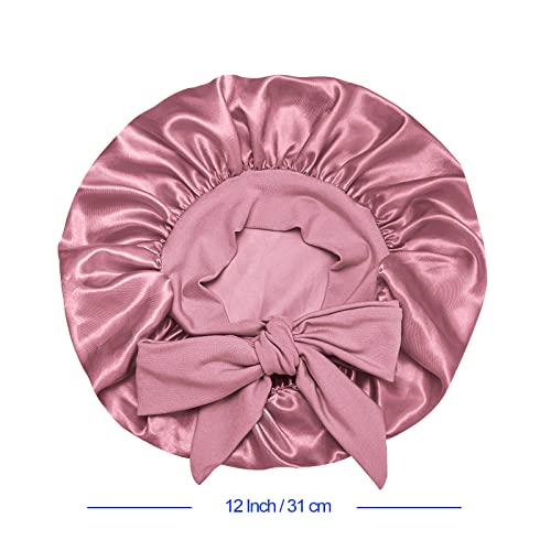 Satin Silk Bonnet Hair Cap: 2pcs Bonnets for Kids with Elastic Tie Band Adjustable Straps for Sleeping Sleep Comfortable - Stretchy Tie Band Hair Bonnets No Slip-Off (Black-Rosegold-K)