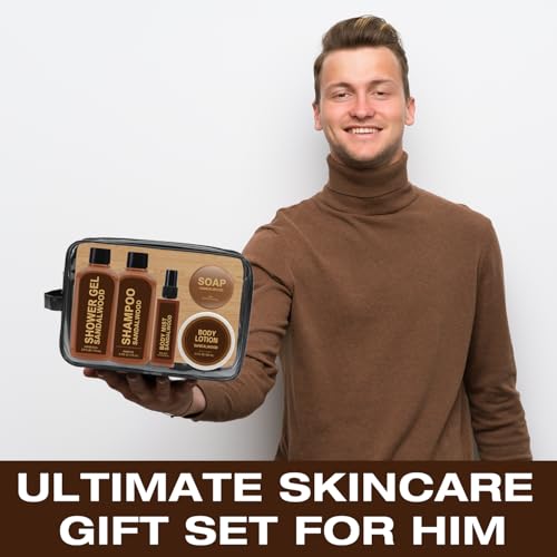 Gift Sets for Men Bath and Body Mens Gifts 6pcs Sandalwood Travel Size sets with Shampoo, Shower Gel, Soap, Body Lotion, Birthday Gifts for Men, Self Care Fathers Day Gifts