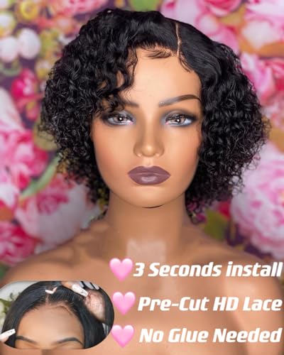 Pixie Cut Wig Human Hair 4X4 HD Lace Short Curly Wigs Wear and Go Glueless Wigs Pre Plucked Pre Cut Short Curly Glueless Bob Wigs Human Hair for Women 6 inch Natural Color