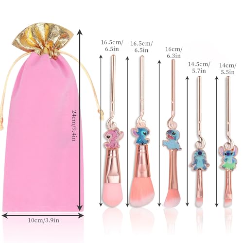 Stich Makeup Brushes Set 5Pcs Anime Cartoon Make Up Brush Set with Storage Bag Stuff for Powder Concealers Eye Shadows
