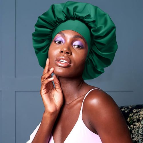 AWAYTR Satin Bonnet for Women Tie Band Hair Bonnet Large 2 Layered Silk Sleeping Cap Nightcap with 3PCS Hair Scrunchies (Green)