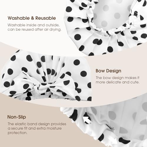 Shower Cap, Flexible Adjustment Shower Caps for Women Reusable Waterproof Cute ShowerCap with Bow Non-Slip Large Hair Cap for Shower