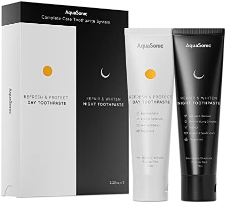 AquaSonic Complete Care Toothpaste - Refresh & Protect Day, Repair & Whiten Night - Fluoride Free Natural, Anti-cavity, Anti-plaque, Reharden, Strengthen, Whiten, Detoxify