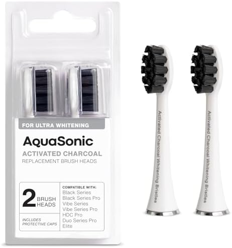 AquaSonic 2-Pack Activated Charcoal Brush Heads - Ultra Whitening Brush Heads - 2X Whitening & Stain Remover - for Black Series, Black Series Pro, Vibe Series, Duo Pro Series (White)