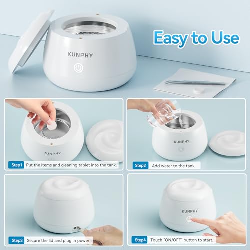 KUNPHY Ultrasonic Retainer Cleaner, 48kHz Denture Cleaner Machine with Cleaning Tablets, Water-Proof Dental Cleaning Pod for Deep Cleaning Night Guard, Mouth Guard, Aligner, Jewelry, White