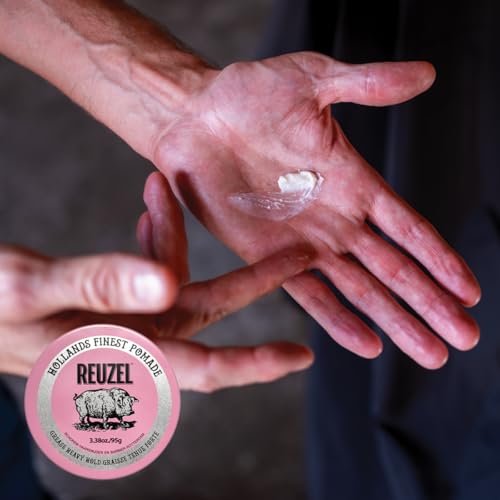 REUZEL Pink Grease Pomade, Strong All Day Hold, Oil-Based Styling Wax, Medium Shine and Flake Free, Easy To Wash Out, For All Hairstyles