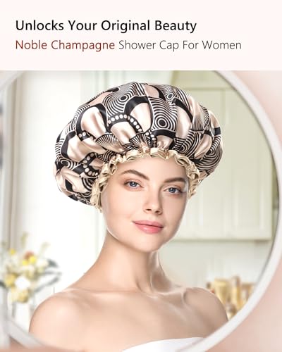 mikimini Champagne Large Shower Caps Pack of 2, Shower Cap for Women Long Hair with Black Lace, Reusable Waterproof Shower Hat for Girls