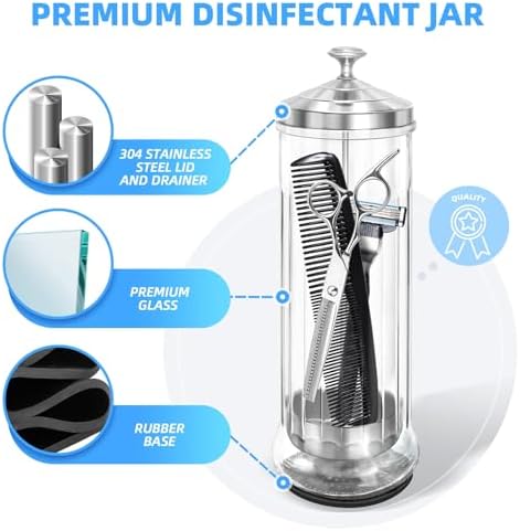 Glass Disinfectant Jar with anti-slip pad 53 Oz/1500ML, Barber Disinfectant Jar With Removable Basket, Large Sterilizing for Manicure & Pedicure Implements Stainless Steel 11.7"H x 3.8"W