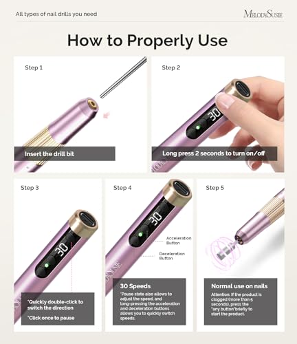 MelodySusie Portable Electric Nail Drill, PM180G Cordless Electric File 30,000 RPM, Rechargeable Nail Efile Tool for Women, Professional Manicure Pedicure Nail Kit Set with Bits Sanding Bands, Pink