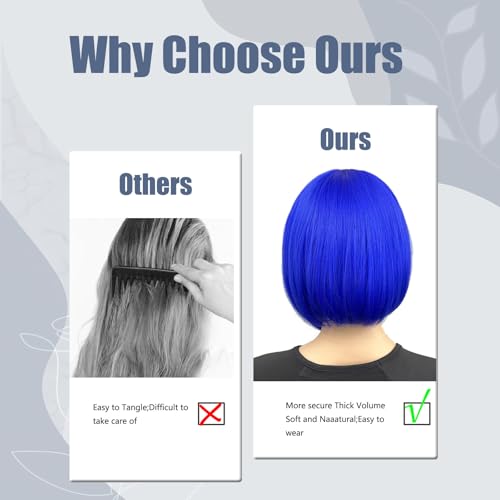 Wig and Sunglasses 12 Inch Short Bob Wigs with Bangs for Women Costume Cosplay Party (Blue)