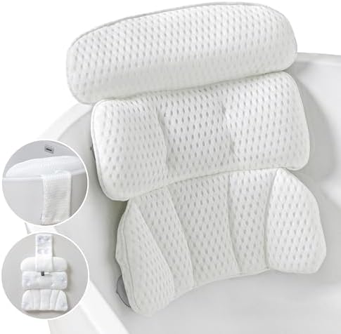 Bath Pillow Bathtub Pillow for Tub Luxury Bath Tub Pillows for Tub Neck and Back Support with 4D Air Mesh Fabric and 8 Strong Powerfull Non-Slip Suction Cups Relaxing Bath Accessories Spa Gifts, White