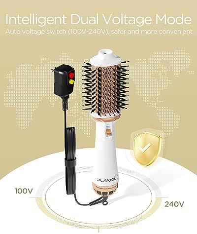 Plavogue Dual Voltage Blow Dryer Brush for European Travel,110V-240V Hot Air Brush with Volumizer, Negative Ionic Anti-Frizz - Styling Brush with Ceramic Coating for Long/Mid Hair Types, Oval Shape