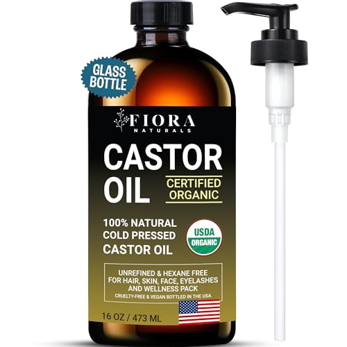Organic Castor Oil in Glass Bottle – 16 Oz Cold Pressed & Hexane-Free – USDA Certified – Hair Growth Oil For Lashes, Brows, Skin & Scalp – with Pump