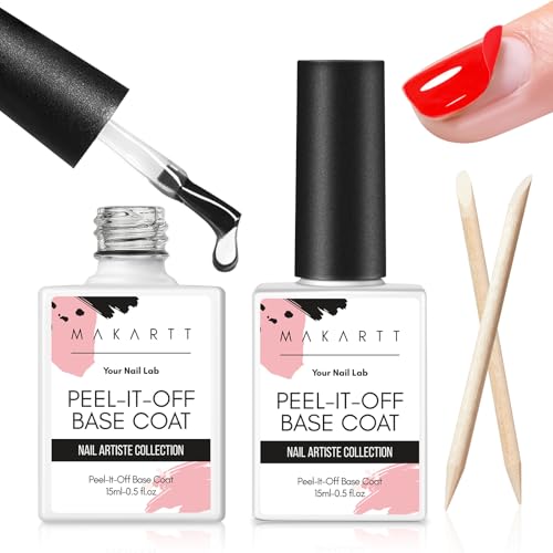 Makartt Gel Polish Peel Off Base Gel- 15ml x 2, UV LED Nail Lamp Needed Peelable Base Coat, No Filing or Soaking Required, Easy Removal for Nail Practice Beginners DIY Manicures at Home