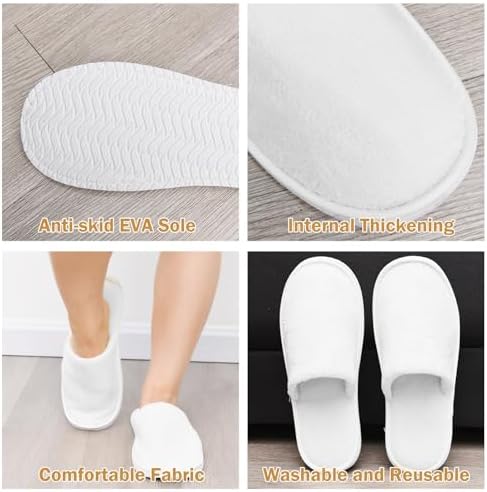 AQUEENLY 6 Pairs Disposable Spa Slippers for Guests, Hotel Slippers, Non-Slip Indoor Slippers for Women & Men, White Grey, Size 9.5-10.5 Women/11-11.5 Men