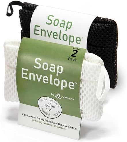 Soap Bag 100% Recycled & Made in North America - Soap Saver Pouch, Loofah Bath Scrubber for Bar Soap + Exfoliator (2-Pack Combo, Gentle and Deep Exfoliation)