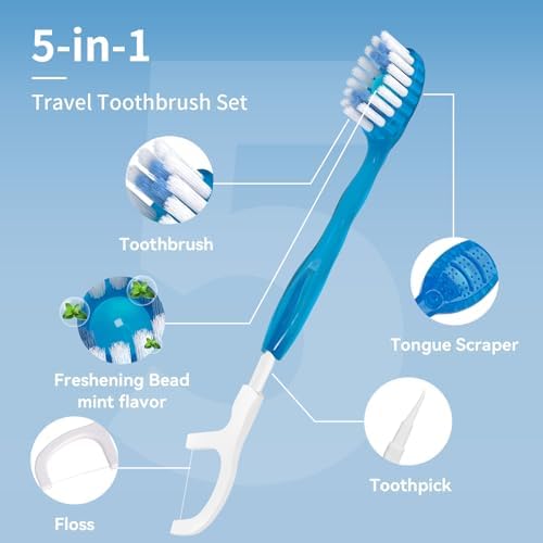 Disposable Mini Travel Toothbrushes, 5-in-1 Pre-Pasted Mini-Brush+Floss+Pick+Tongue Scraper,On The Go Toothbrush with Freshening Bead, Coolmint, 40 Count