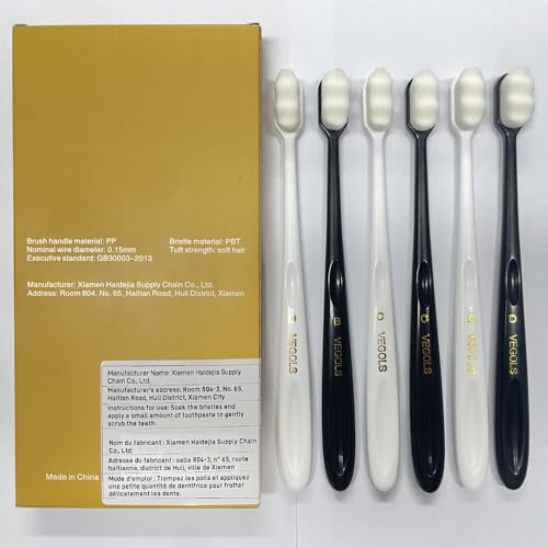 Adult Extra Soft Toothbrush with 20000 Soft Bristles, (Pack of 6) Micro Nano Manual Toothbrushes for Protect Sensitive Gums, Black/White