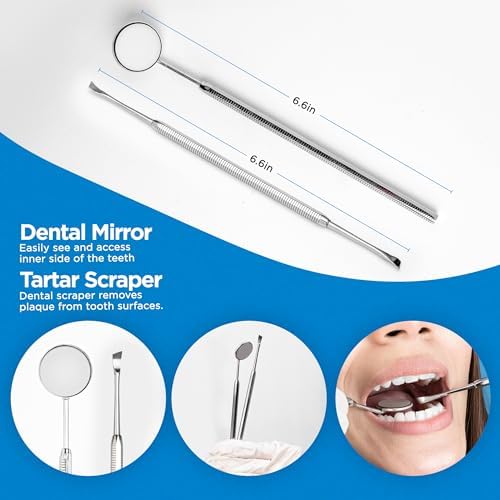 4tified Dental Tools Hygiene Kit 4 PCS French Stainless Steel Professional Teeth Cleaning Home Use Plaque Calculus Removal Tartar Scraper Scaler Fogless Mirror Dental Pick Vegan Leather case