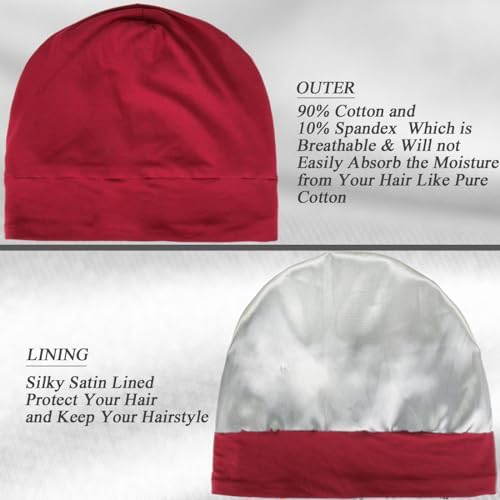 4 Pieces Satin Lined Sleep Bonnet - Adjustable Sleeping Cap Slouchy Beanie Hat for Curly Hair