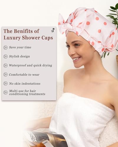 Shower Cap Luxury Shower Caps for Women Reusable Waterproof Hair Cap for Shower with Adjustable Bowknot Hair Bath Cap (Pink)