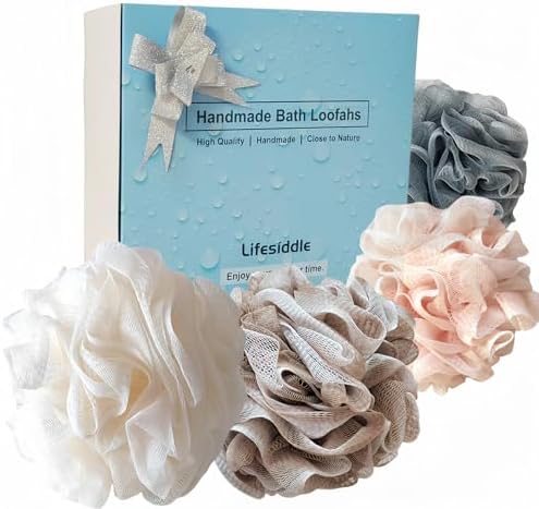 Loofah-Bath Sponge Set-Large, 4 Pack Bath Scrubbers, Soft Mesh Family Use Puff-Cleansing Body Scrub for Men and Women: Skin Soothing Exfoliation Tools (Dark Blue-White-Pink-Light Brown-60g)