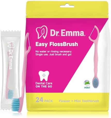 Dr. Emma Mini Brush Disposable Toothbrushes with Floss, Travel Mint Toothbrush for On-The-Go Use, 24 Packs Individually Wrapped Small Portable Toothbrush, Pink