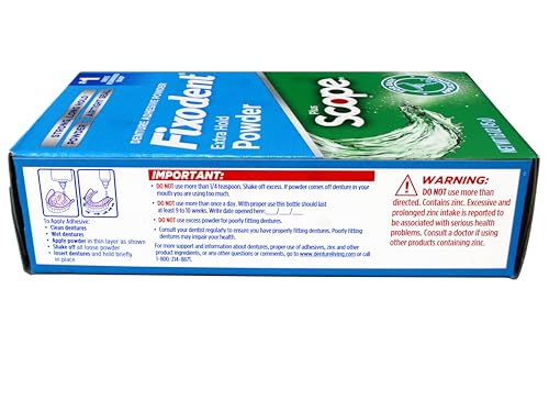 Fixodent Denture Adhesive Powder, Extra Strong, Plus Scope, Strong, Long Hold Powder, Airtight Seal, 1.6 OZ, Pack of 3