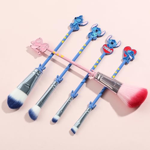 Interstellar Baby Makeup Brushes Set - 5Pcs Creative Stitch Theme Cosmetic Brushes Set, Premium Synthetic Foundation Eyeshades Brush Set Best Gift for Young Girl Women (Blue mix pink)
